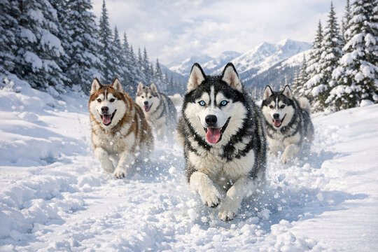 Wild husky dogs running across snowy landscape, snow flying around them