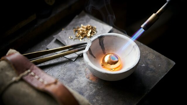 Goldsmith Crafting Jewelry with Fire and Melting Gold in Laboratory