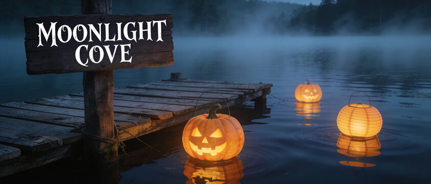 Spooky halloween pumpkin lanterns floating on calm lake water near foggy wooden dock pier with moonlight cove wooden sign background for autumn seasonal horror celebration party theme landscape.