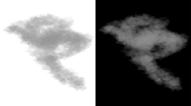 Realistic smoke plume and alpha channel map, gray steam cloud on white and black background, atmospheric fog texture for VFX