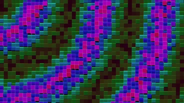 Abstract retro pixel art animation with vibrant neon purple and green grid block pattern
