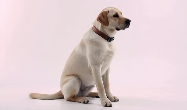 A light-colored Labrador retriever with a brown collar sits facing right with perked ears and an alert expression on a plain background. 4K video