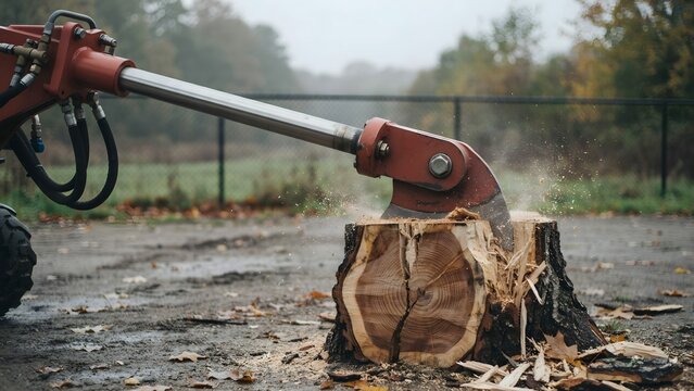 Heavy-duty hydraulic wood splitter breaking large log into wood chips outdoors