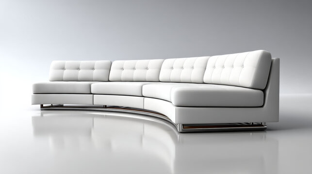 Curved couch white leather modern minimalist style, tufted upholstery, chrome base, luxury living room furniture