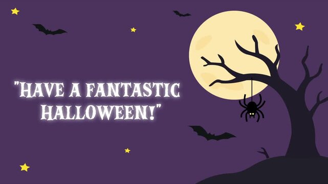 Halloween vector background with full moon, silhouette spooky tree, hanging spider, bats, and yellow stars