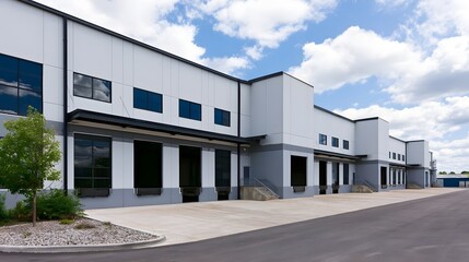 Fototapeta premium Modern industrial warehouse with loading docks gray and white exterior under bright blue sky with scattered clouds