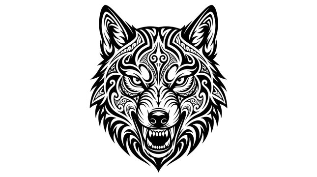 Vector illustration of an aggressive snarling wolf head with tribal tattoo patterns