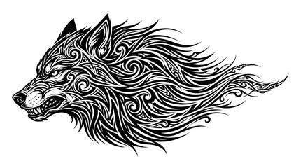 Obraz premium Tribal wolf head illustration with swirling stylized fur flowing backwards