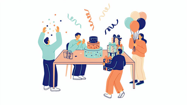 Flat vector illustration of a festive office birthday party with colleagues exchanging gifts and cake