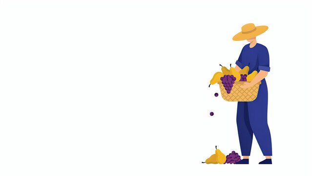 Flat vector illustration of a farmer holding a basket of fresh harvest fruits and grapes