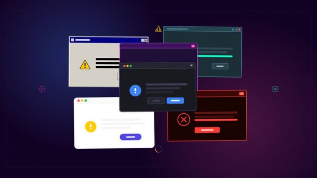 Abstract digital interface showing multiple computer popup windows warning error and loading alerts.
