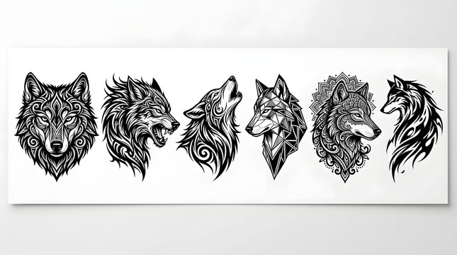 Collection of Artistic Wolf Head Illustrations in Various Styles for Tattoo and Design