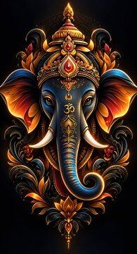 Ornate ganesha deity portrait with detailed jewelry and floral decorative elements