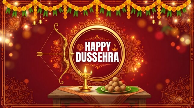 Greeting card with bow, sweets laddu and bidi leaves (Apta, Bauhinia) for Navratri festival with hindi text meaning Dussehra (Hindu holiday Vijayadashami