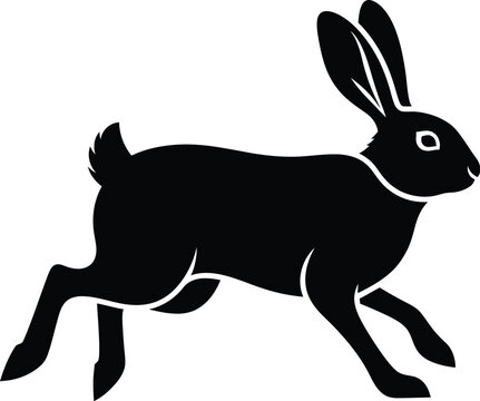 Running rabbit vector silhouette illustration featuring bold black ink lines showing a dynamic side profile of a wild hare in motion as a stylized minimal graphic design piece on white background