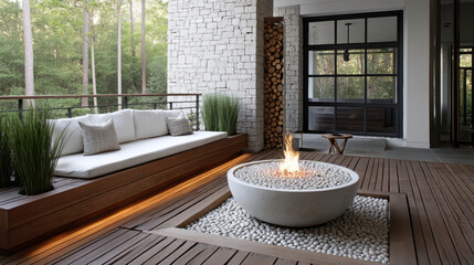Obraz premium Modern outdoor lounge with fire pit wooden deck white sofa green plants natural light peaceful atmosphere luxury design relaxation