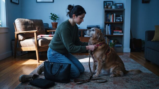 A woman kneels on the floor while putting a leash on her golden retriever. They are inside a warm living room with bookshelves and a sofa. Sunlight comes through the window.