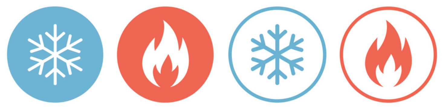 Hot and cold icon featuring fire and snowflake symbols for heating cooling temperature control and interface design