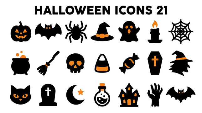 Collection of twenty-one halloween theme icons with silhouettes