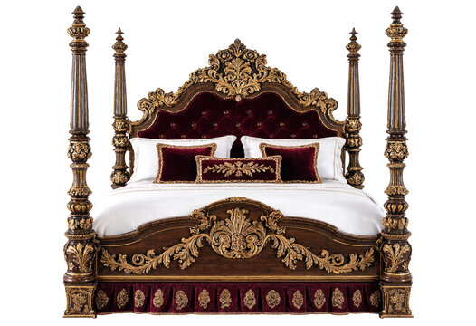 Elegant antique style four poster bed with ornate gold and dark wood carvings and red velvet headboard