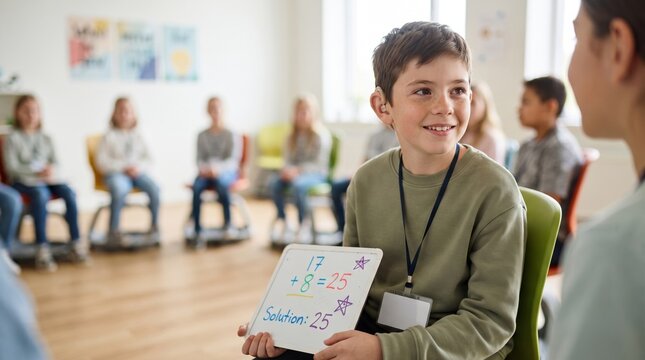 A boy holds a whiteboard with a math problem while smiling at a girl in a classroom. Other students sit in chairs nearby, focused on the discussion.