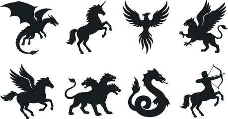 Obraz premium Black Silhouette Collection of Mythical Creatures Including Dragon Unicorn Phoenix Griffin Pegasus Cerberus Sea Serpent and Centaur