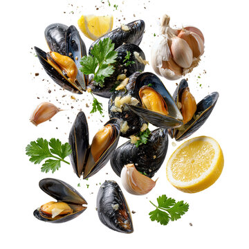 Open chilean mussels Mytilus chilensis L are prepared with garlic, lemon, and herbs in a kitchen setting