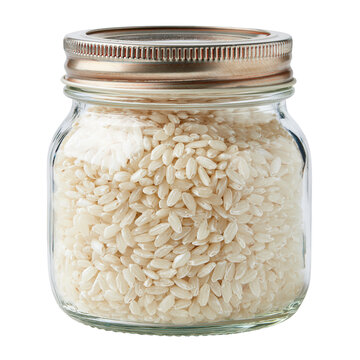 View of Arborio rice stored in a glass jar on a white background in a simple kitchen setting showcasing the ingredient used for risotto