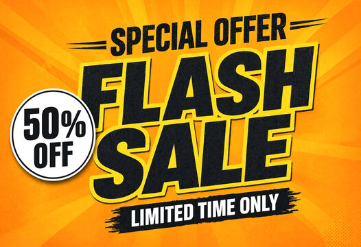 Eyecatching promotional flash sale graphic with fifty percent discount offer for limited time only