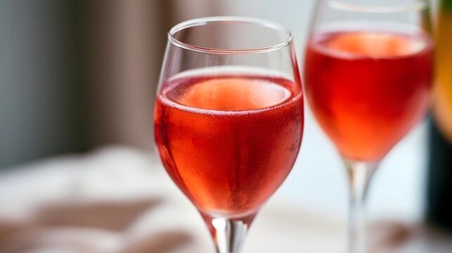 Two glasses of sparkling red beverage with bubbles  set on a soft surface with blurred background