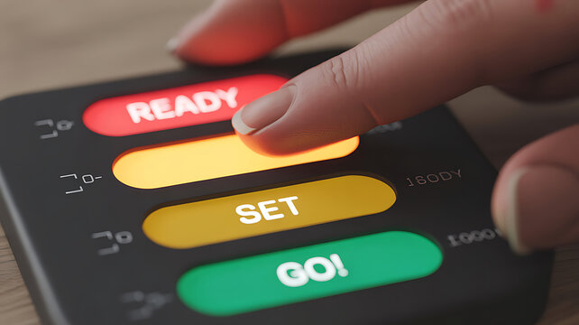 A finger pressing the yellow set button on a control panel with red ready and green go buttons on a wooden surface
