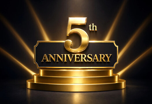 Golden five year anniversary celebration design with illuminated rays and elegant typography