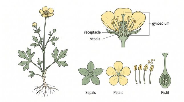 Botanical illustration of buttercup flower anatomy, educational plant diagram with labeled gynoecium and sepals, scientific floral chart