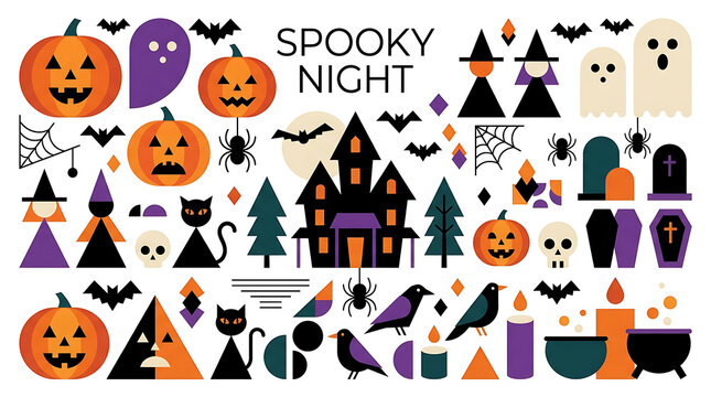 Set of spooky night halloween icons and festive characters with halloween