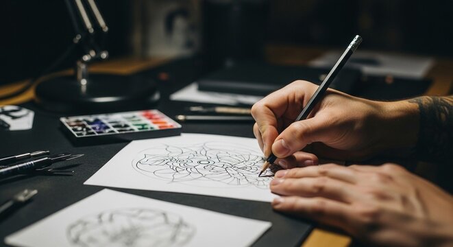 Close-up of a tattoo artist's hands sketching a detailed design with a pencil on paper in a studio setting, showcasing the creative process