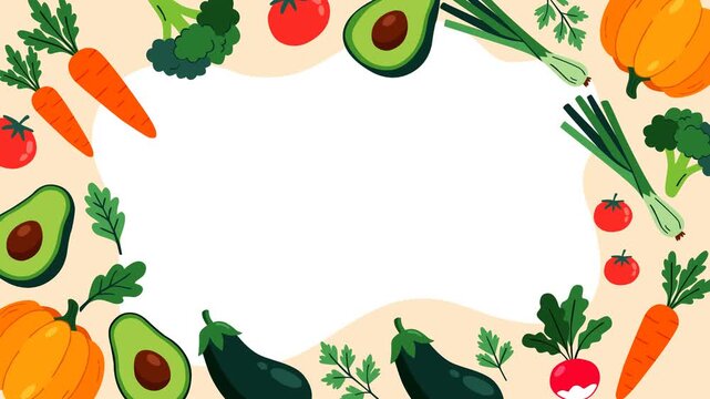 Colorful Vegetarian Day animated background featuring fresh carrots, tomatoes, avocados, pumpkins, eggplants, broccoli and leafy greens