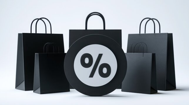 Black shopping bags stand behind a prominent white percentage sign for retail and commercial sale promotions.
