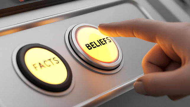 A human finger pressing a glowing yellow button labeled beliefs next to a button labeled facts on a control panel
