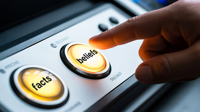 A human finger pressing a glowing yellow button labeled beliefs next to another button labeled facts on a control panel