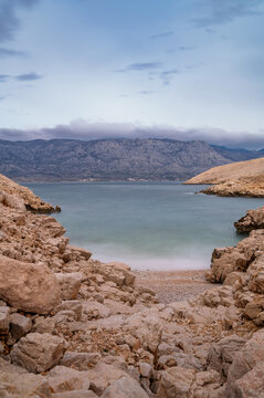 Long exposure capture of the beautiful secluded beach located on Pag Island, Croatia