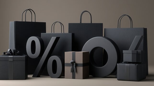 Black shopping bags and gift boxes stand alongside large percentage symbols for Black Friday discount promotions.