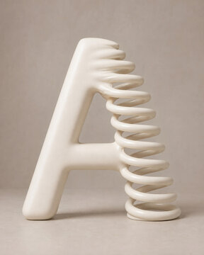 White letter A merging with a flexible spiral spring on a neutral background, creating a playful abstract concept of elasticity, adaptability, tension, flexibility and resilience.