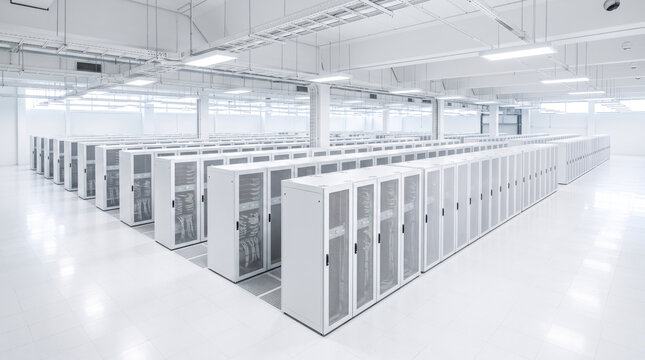 large-scale hyperscale data center with spacious rows of white server cabinets, extremely clean bright interior, premium enterprise technology advertising image