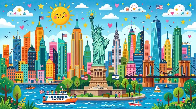 Colorful cartoon illustration of new york city skyline with statue of liberty, ferry, and brooklyn bridge