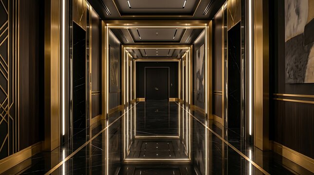 Luxurious Contemporary Hotel Corridor Featuring Sleek Gold Accents and Polished Dark Marble Flooring in a Minimalist Architectural Design