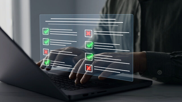 Online survey questionnaire with digital feedback form, customer evaluation and business assessment concept. Filling form, research analytics, technology interface and data review.	

