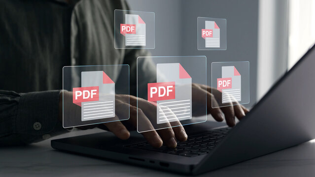PDF document concept with digital file management, secure data storage, online sharing, business records, electronic paperwork, cloud access and modern office workflow technology.	
