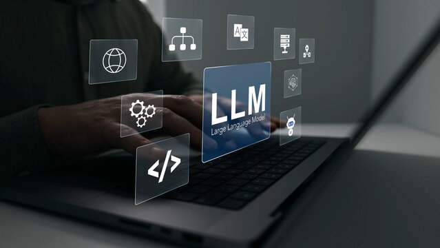 Large language model(LLM) with AI technology.User working on laptop in LLM,Data performrange language tasks,answering questions, summarizing information, translating languages, writing code.	

