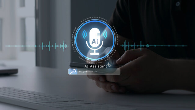 AI assistant voice chat interface. Digital communication, speech recognition, and smart technology enabling natural conversation.Person interacting through microphone with AI Agent voice chat	
