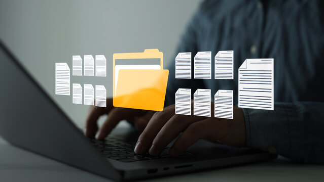 Digital document management system with organized files, secure storage and workflow automation. Business data organization, cloud archive, enterprise records and office productivity concept.